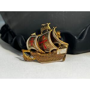 Vintage Spanish Damascene Pin Galleon Tall Ship Brooch Gold Enamel